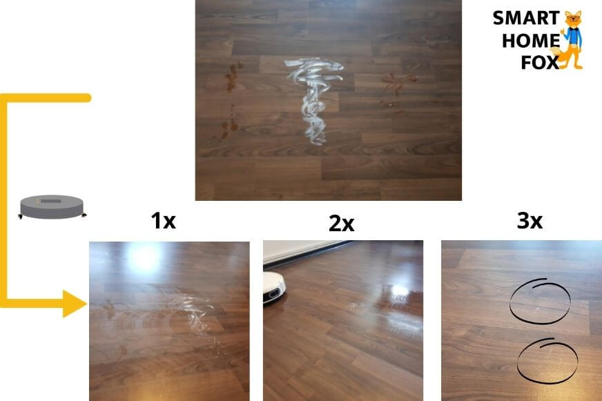 На ламинатный пол были нанесены различные пятна для тестирования функции протирания робота Yeedi Mop. 